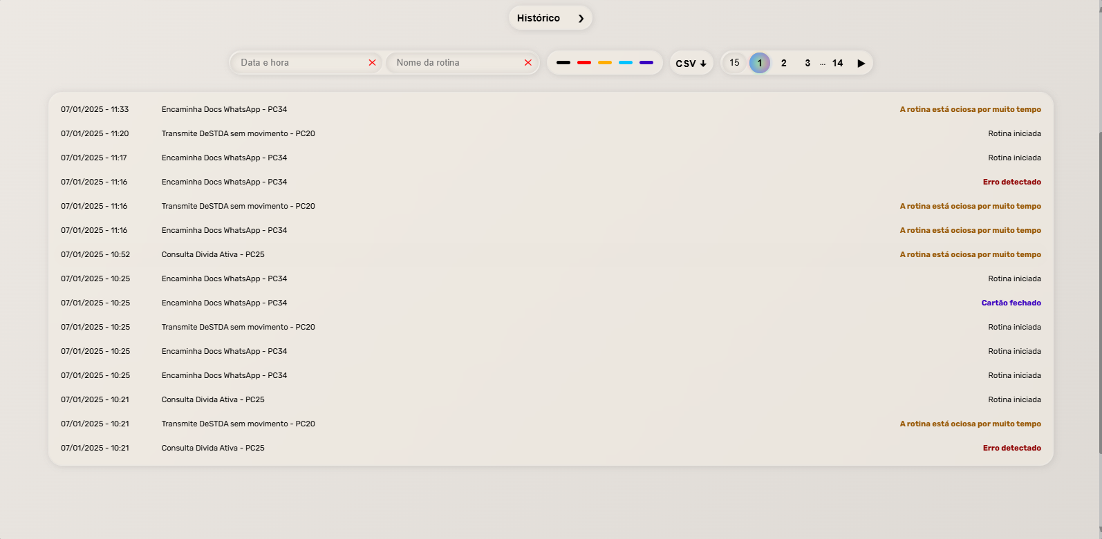 Tela de histórico em 19 de Setembro de 2025